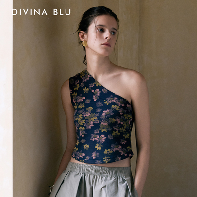 DIVINA BLU迪唯纳波尔图系列瑜伽运动背心复古斜肩带胸垫健身上衣