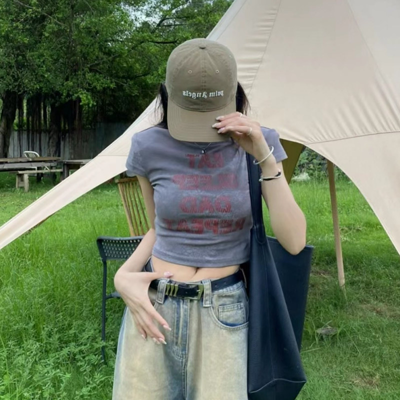 美式覆古短袖T恤女夏季2025新款小个子修身显瘦高腰露脐短款上衣