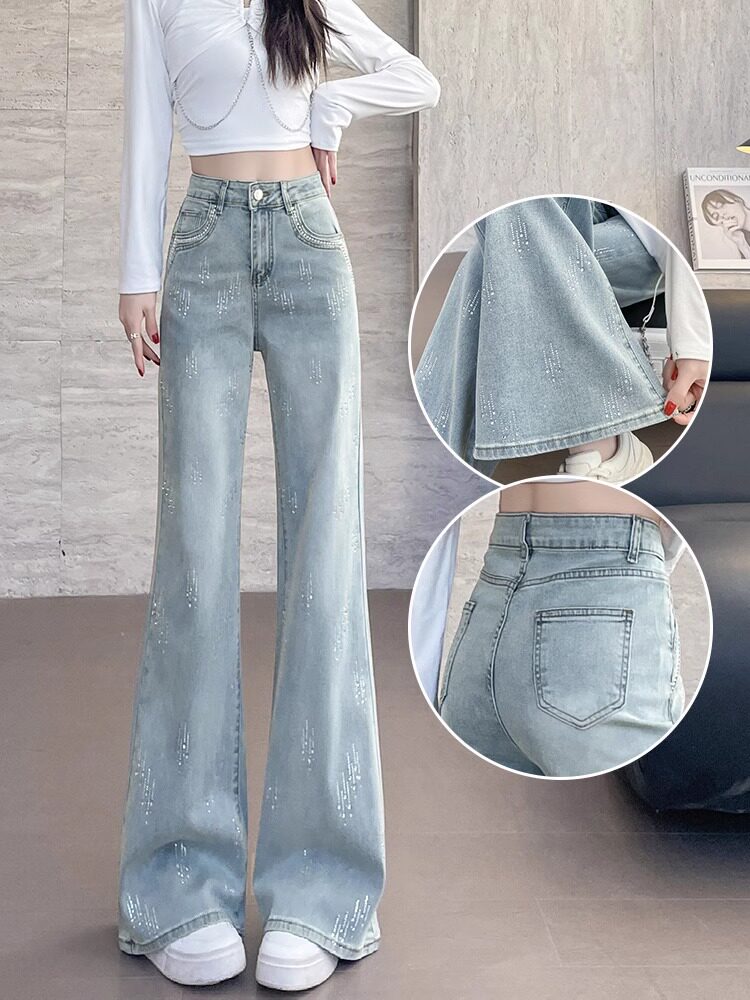 烫钻窄版微喇牛仔裤女春秋2025新款高腰显瘦小个子阔腿拖地喇叭裤