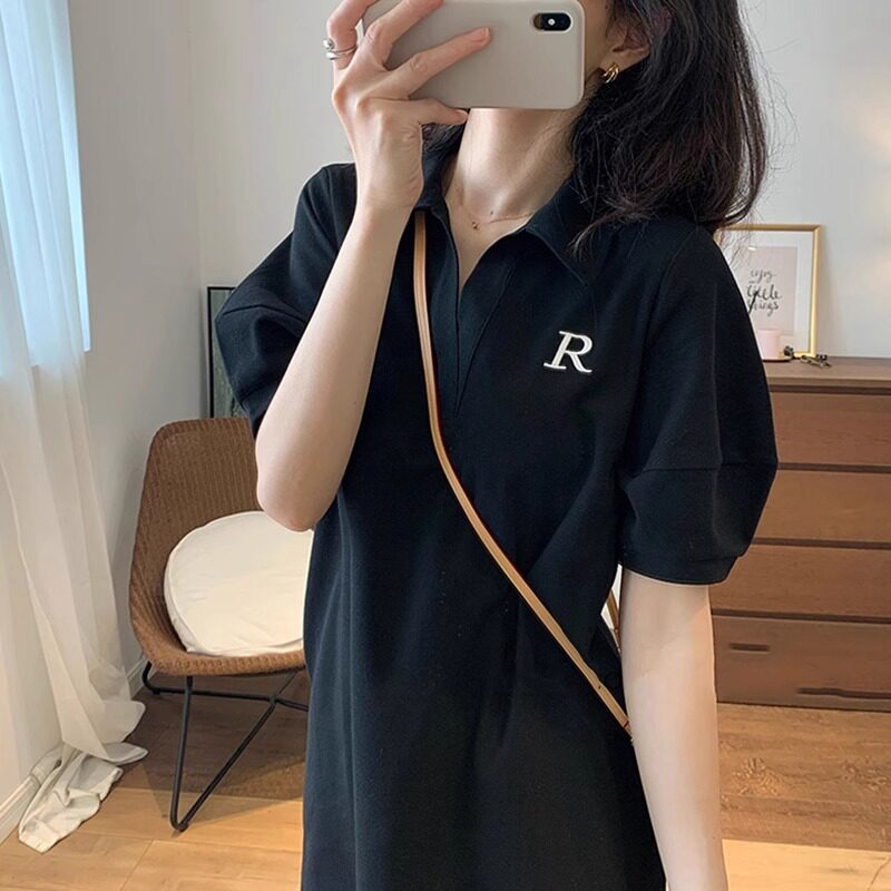Polo黑色连衣裙女夏季2025新款韩版洋气宽松显瘦中长款休闲a字裙
