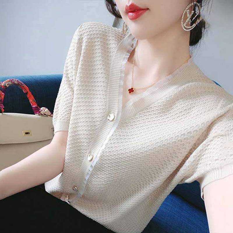 冰丝短袖T恤针织衫女夏季薄款2025年新款v领洋气百搭宽松开衫上衣