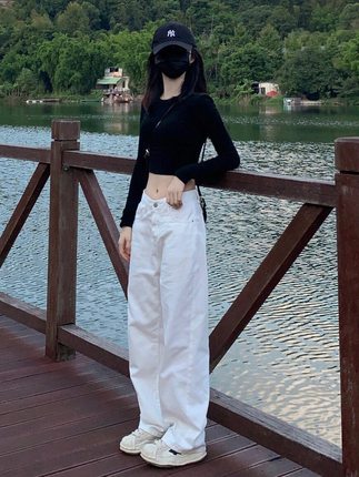 GG。白色直筒牛仔裤女夏季薄款2024新款小个子宽松显瘦垂感拖地阔
