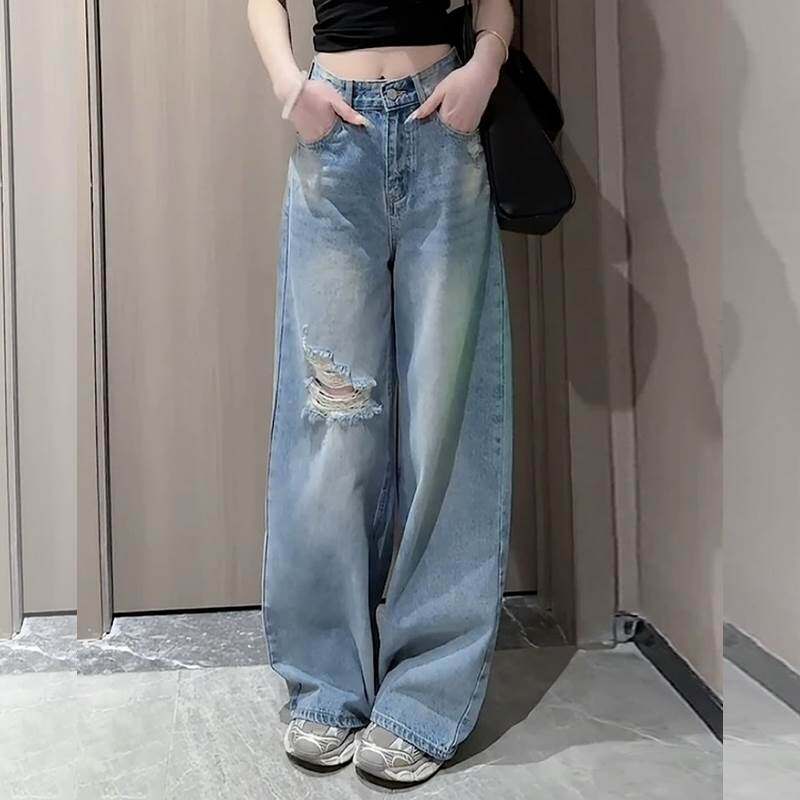 复古破洞牛仔裤女春秋2026新款百搭高腰显瘦小个子宽松拖地阔腿裤
