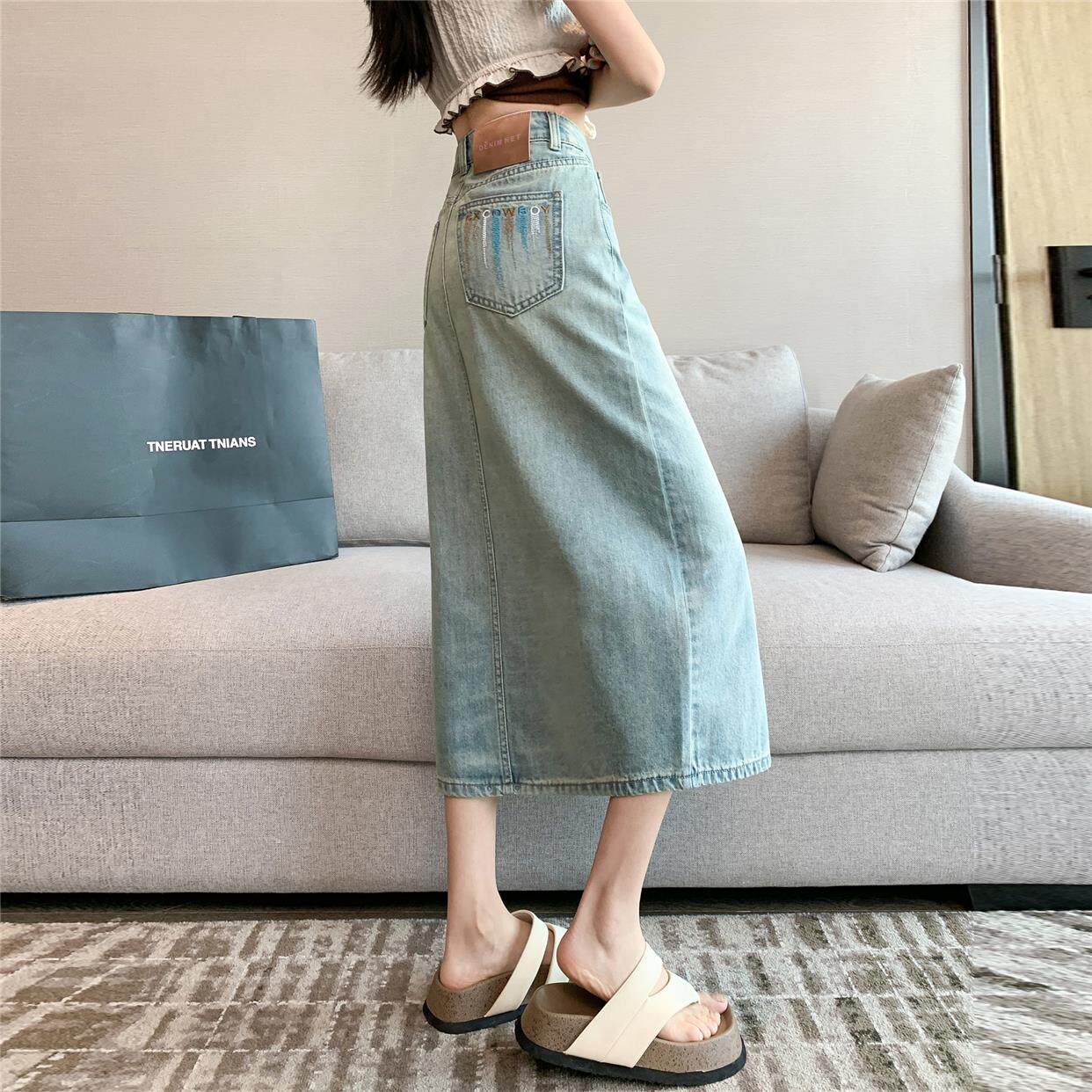 牛仔半身裙女夏季2024年新款小个子高腰显瘦中长款开叉a字包臀裙