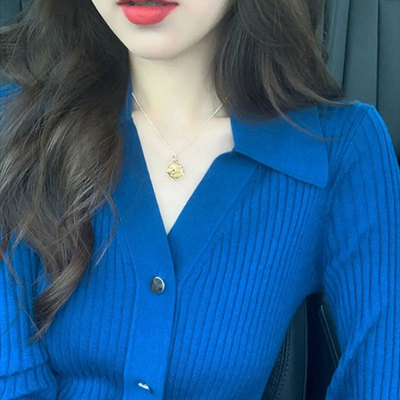 克莱因蓝翻领毛衣女春秋季2025新款覆古V领时尚洋派针织开 衫外套