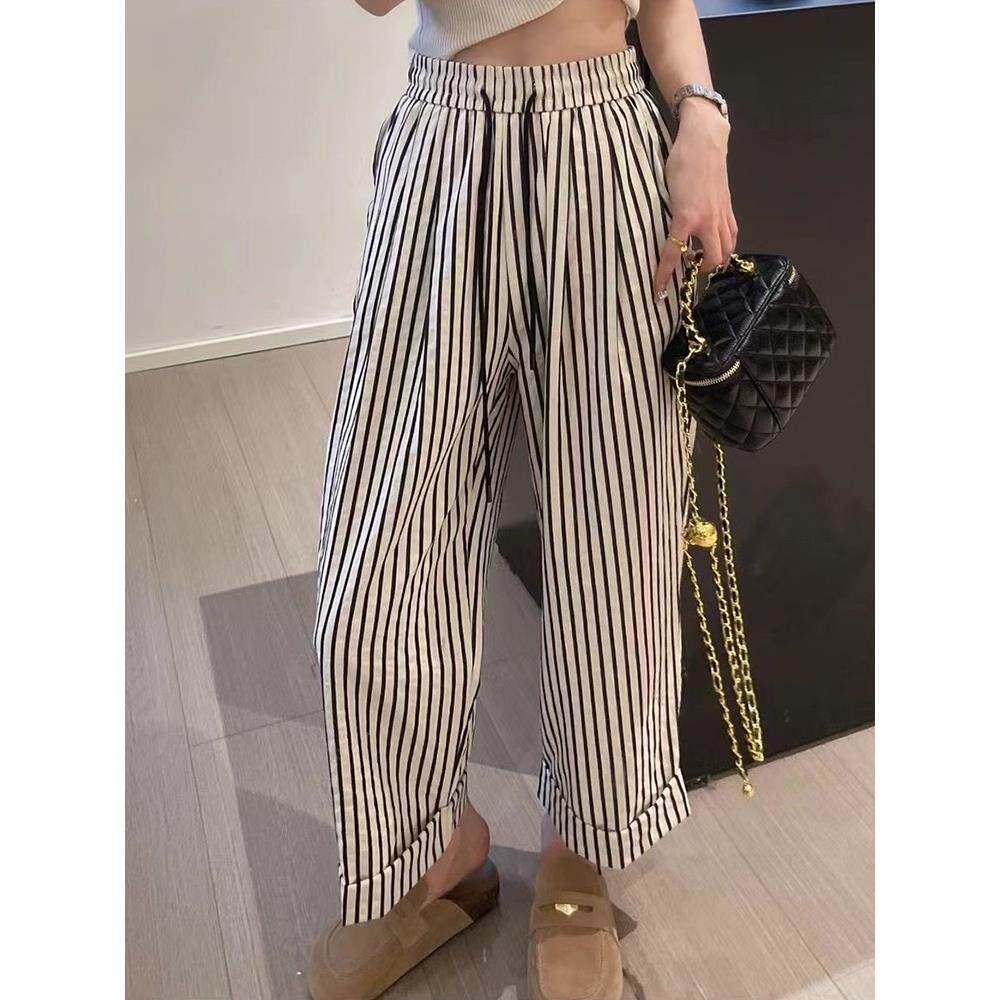 竖条纹阔腿裤女夏季薄款2024新款高腰宽松显瘦小个子九分休闲裤子
