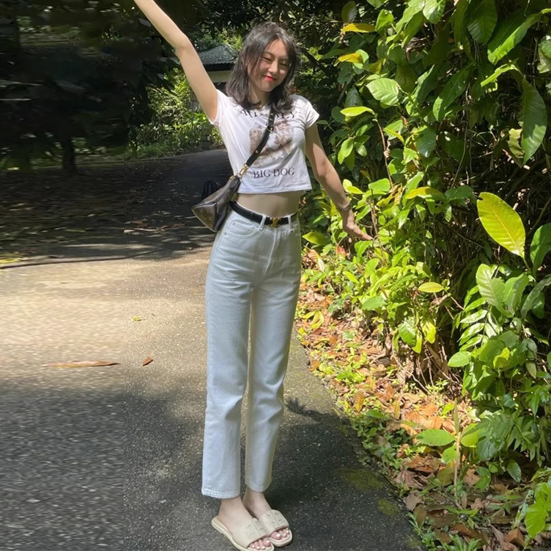 白色直筒牛仔裤女夏季薄款2025新款高腰弹力显瘦小个子九分烟管裤