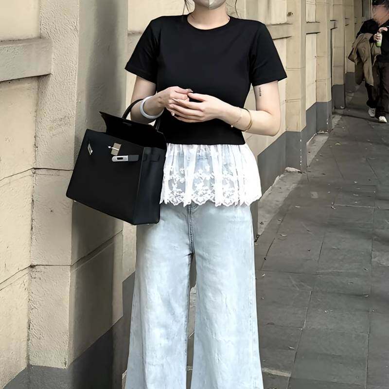 蕾丝拼接短袖t恤女夏季2026年新款韩版设计感小众芭蕾风短款上衣