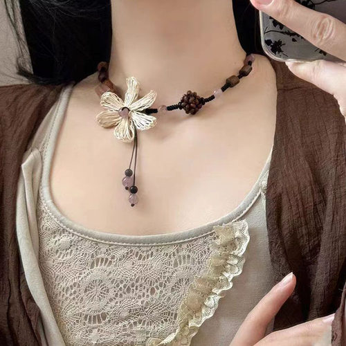小众复古百搭锁骨链新中式国风花朵项链女民族风个性木质编织颈链