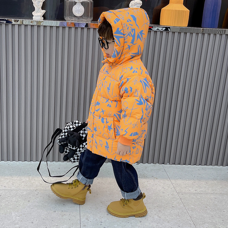 男童宝宝儿童小童中长款加绒加厚羽绒服冬季涂鸦洋气保暖童装外套