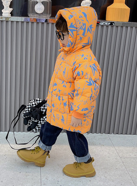 男童宝宝儿童小童中长款加绒加厚羽绒服冬季涂鸦洋气保暖童装外套