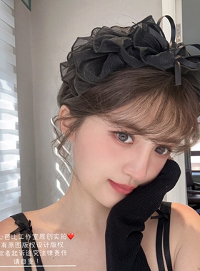 原创法式复古黑色层层网纱大蝴蝶结发箍宽边发卡荷叶边发饰韩版女