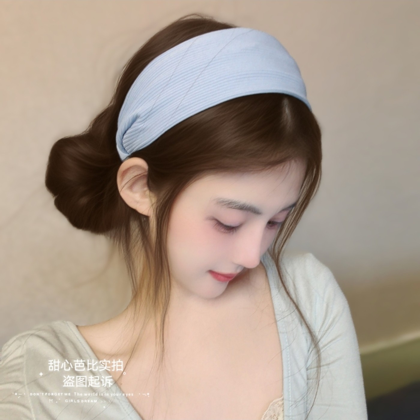 夏季冰丝baby蓝宽边高级感发箍韩版高颅顶发卡夏季百搭头箍针织女