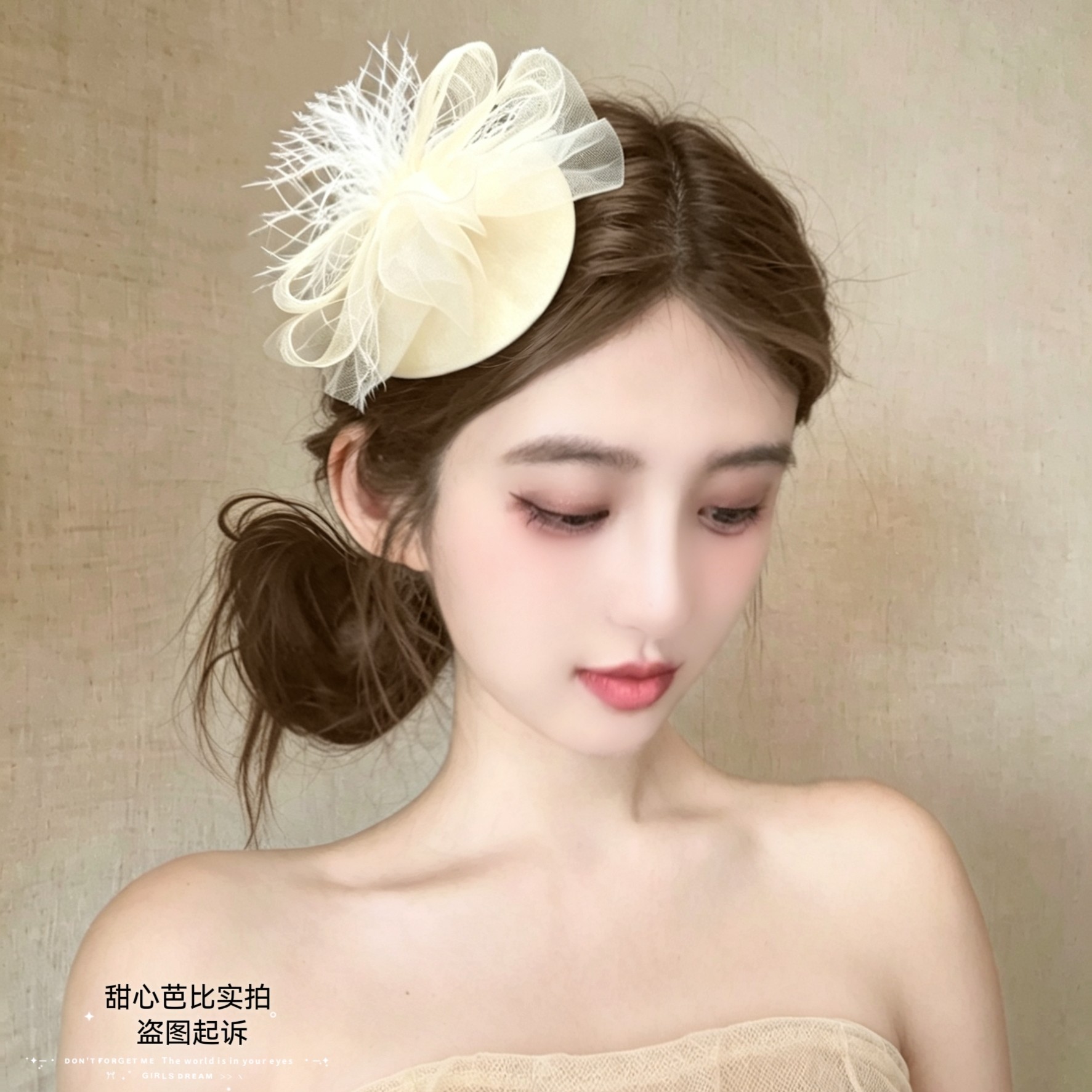 原创米色蝴蝶结网纱小礼帽发饰蕾丝发夹气质晚宴礼服旗袍头饰写真