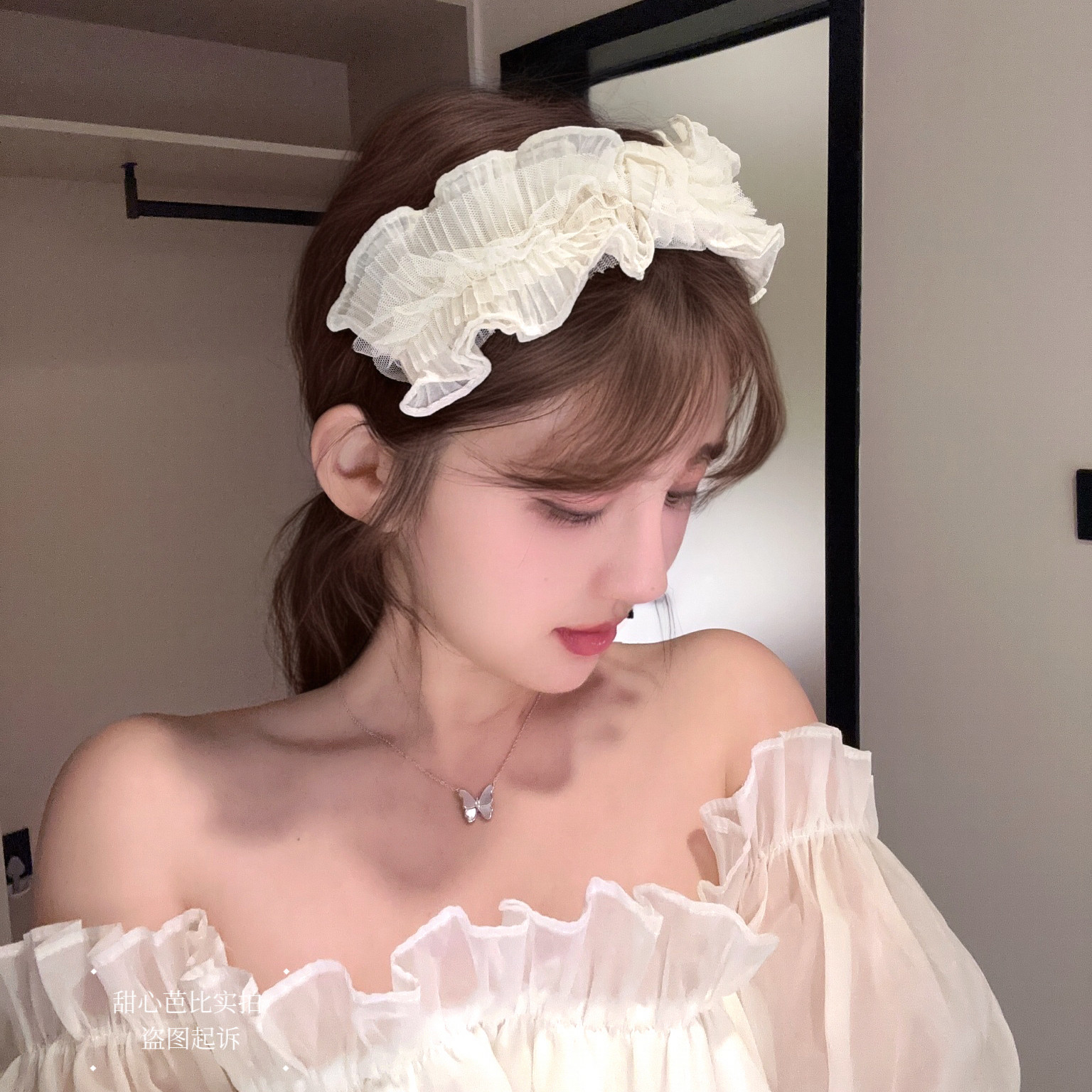 夏季超仙 甜美奶油米色蕾丝蝴蝶结发箍头箍甜美气质发带头饰宽边