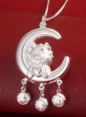 999足银月上龙平安锁项链龙宝宝长命锁生肖龙本命年民族风满月礼