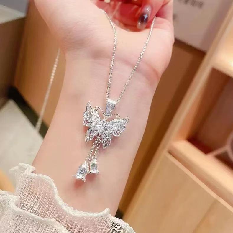 足银999项链女蝴蝶铃兰花流苏吊