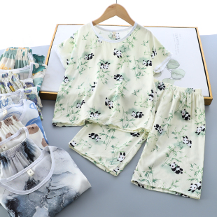 夏季男童人造棉短袖短裤家居服套装儿童棉绸凉快空调服夏天睡衣薄