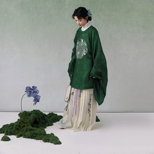 明原创汉服女绣花绿色蓝色系圆领大襟补服 瓜瓞绵绵 上遥居