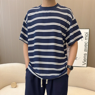 爸爸棉绸短袖条纹T恤男套头夏季薄款宽松人造棉大码休闲百搭上衣