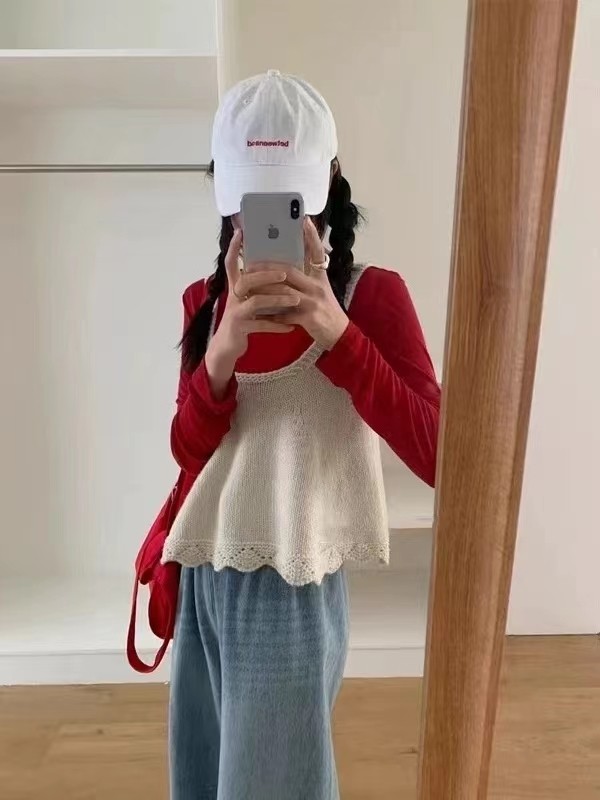 韩系减龄花边针织吊带背心女春季新款宽松外搭小个子叠穿毛衣马甲