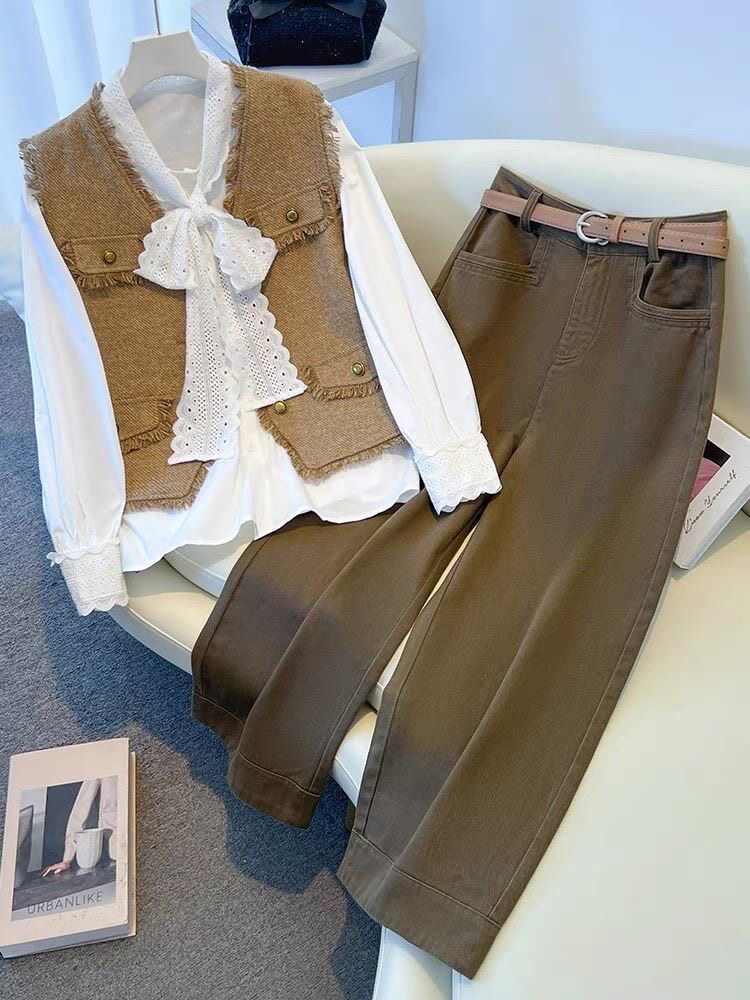 法式小香风高级感超好看独特漂亮职业OL卡其色马甲两件套装裤子女图片