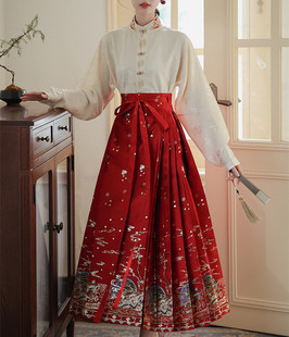 秋冬新中式国风日常可穿汉服女连衣裙两件套缎面红色明制马面裙子