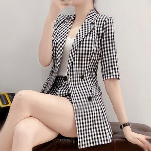 短裤 气质显瘦短袖 两件套装 时尚 外套 夏季 小个子复古格子职业小西装