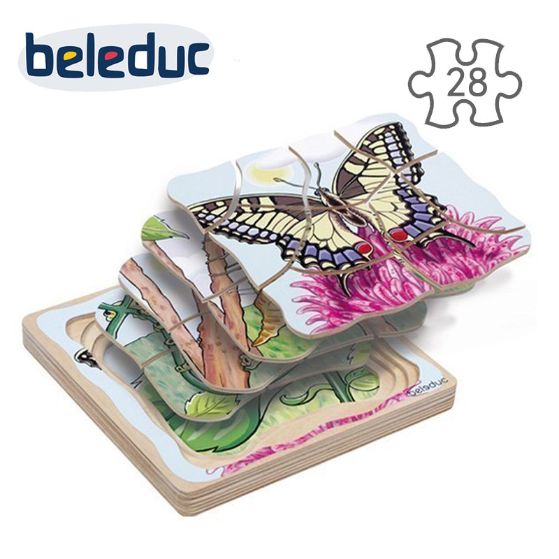 儿童益智3d立体动物生命成长拼板 德国beleduc五层拼图蝴蝶 28块