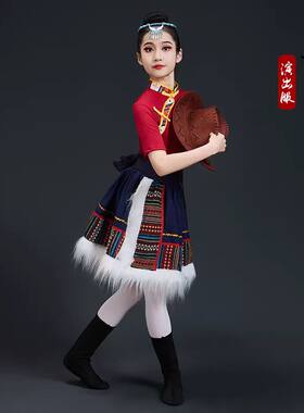 儿童藏族舞蹈演出服女童民族风表演服套装红色练习裙