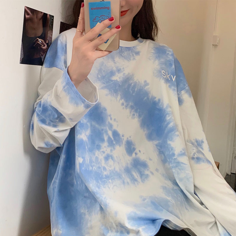 2022春秋新款网红扎染长袖T恤女韩版ins潮宽松bf慵懒风上衣女装在类目 女装/女士精品, T恤中 - 来自Buy2taobao.com提供专业的淘宝代购服务