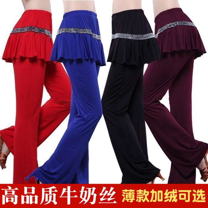 广场舞裙裤新款夏秋季女成人牛奶丝亮片中腰喇叭裤练功跳舞蹈长裤