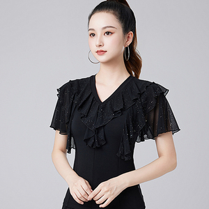 拉丁舞服2024新款上衣短袖成人女夏秋季摩登舞交谊练功演出舞蹈服