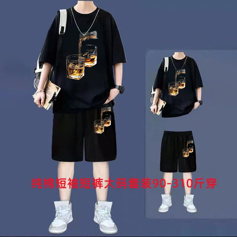 300斤特大码夏季套装男青少年纯棉宽松短袖短裤两件套百搭一整套