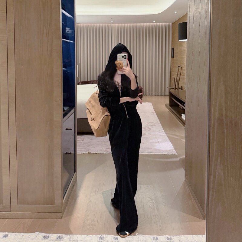 黑色丝绒运动套装女2026春秋时尚套装