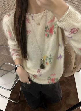 复古花朵宽松显瘦软糯套头毛衣