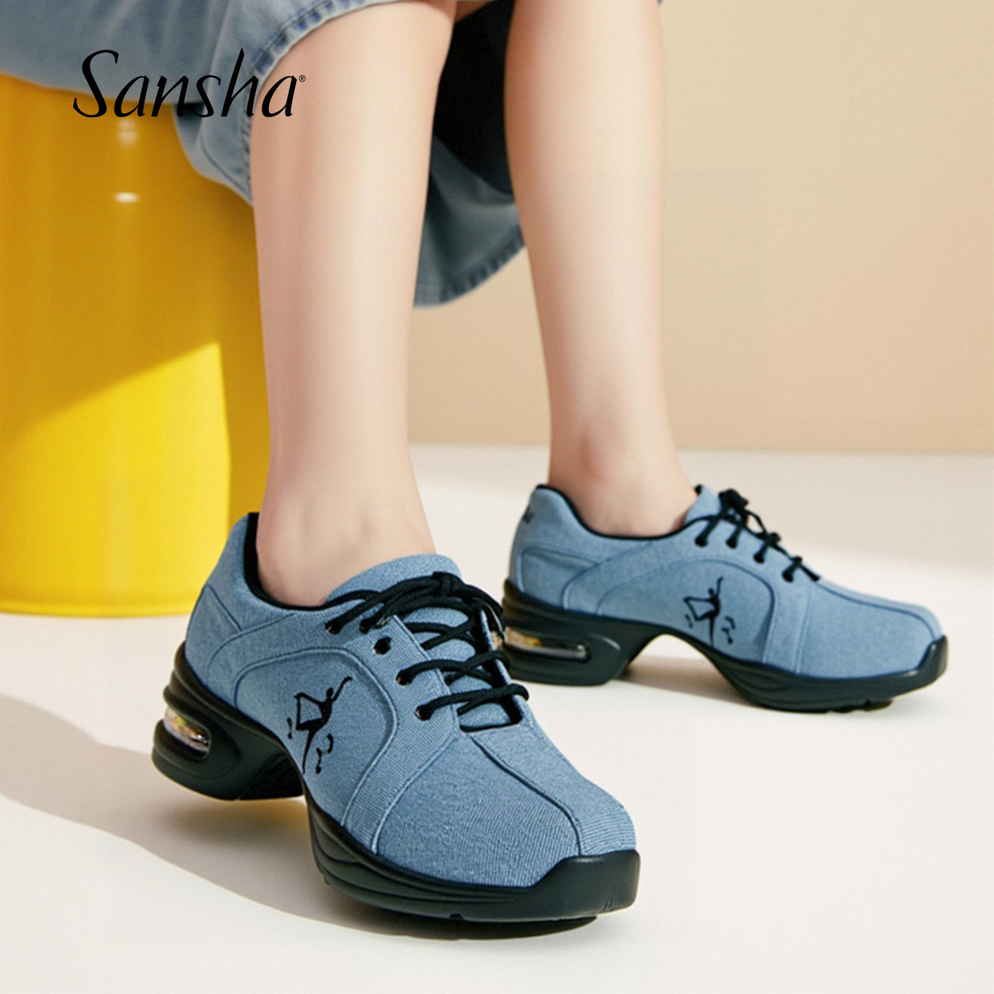 Sansha 三沙广场舞跳舞鞋子女 气垫软底现代舞鞋牛仔布运动休闲鞋
