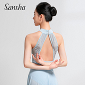 Sansha 三沙芭蕾舞服连体服女 挂脖珍珠蕾丝舞蹈练功服高胯露背蓝
