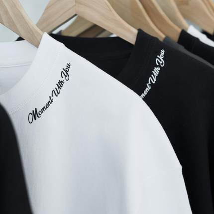 全棉秋冬265g加厚落肩宽松三本针圆领打底短袖个性字母T恤男女款