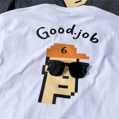 短袖日系宽松三本针领口t恤