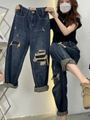 显瘦高腰宽松炸街老爹哈伦裤 2025春秋新款 子女大码 港风破洞牛仔裤