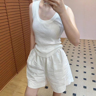 白色亚麻运动阔腿短裤女