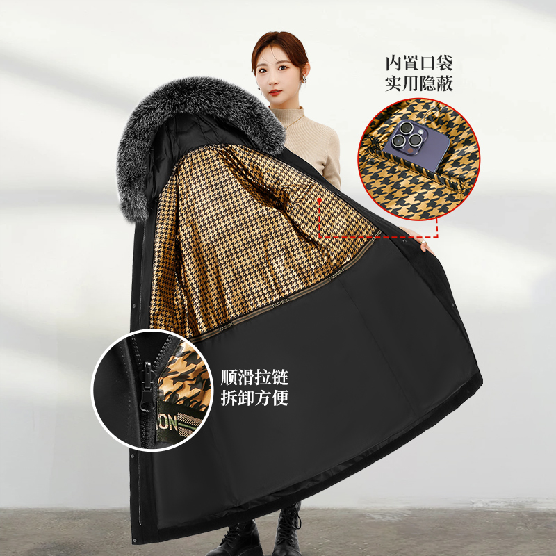 可拆卸90白鹅绒内胆过膝长款派克大衣女加厚狐狸毛领羽绒服保暖冬