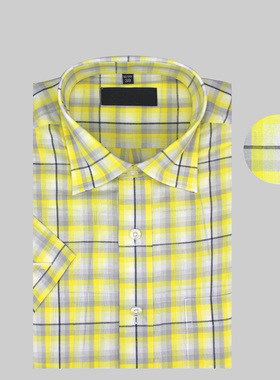 全棉格子衬衫短袖男黄色格子衬衣宽松男商务休闲  男士衬衣短袖