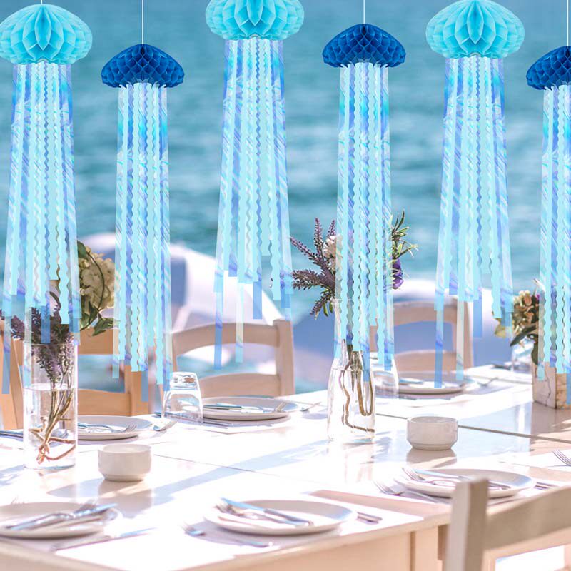 幼儿园教室夏天海洋主题六一氛围装饰用品立体水母蜂窝球吊顶挂饰