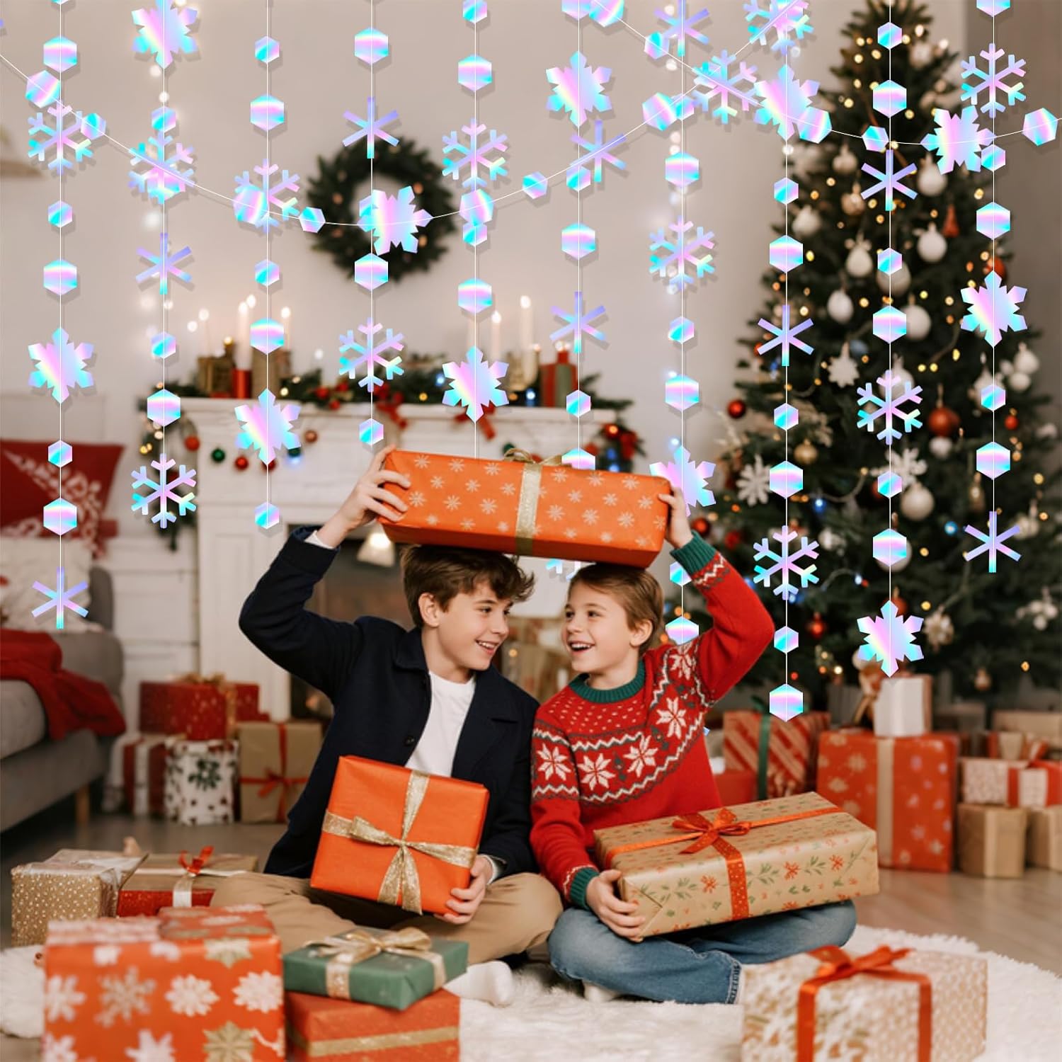 圣诞雪花纸串拉花挂件镭射幻彩圆形菱形拉旗圣诞树装饰品布置用品