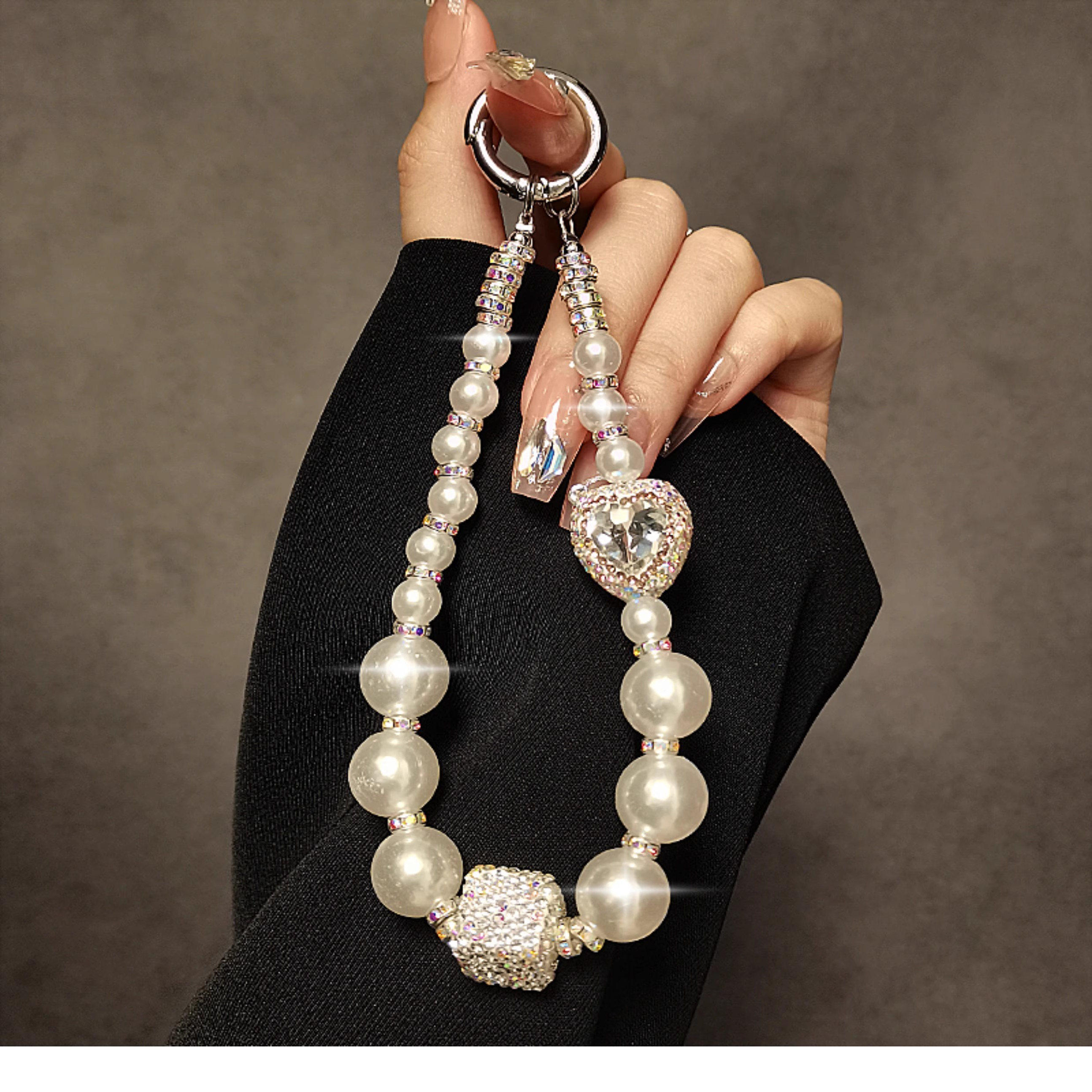 奢华高级感水钻珍珠手提链条手腕短挂绳带夹片手机壳钥匙包包挂件