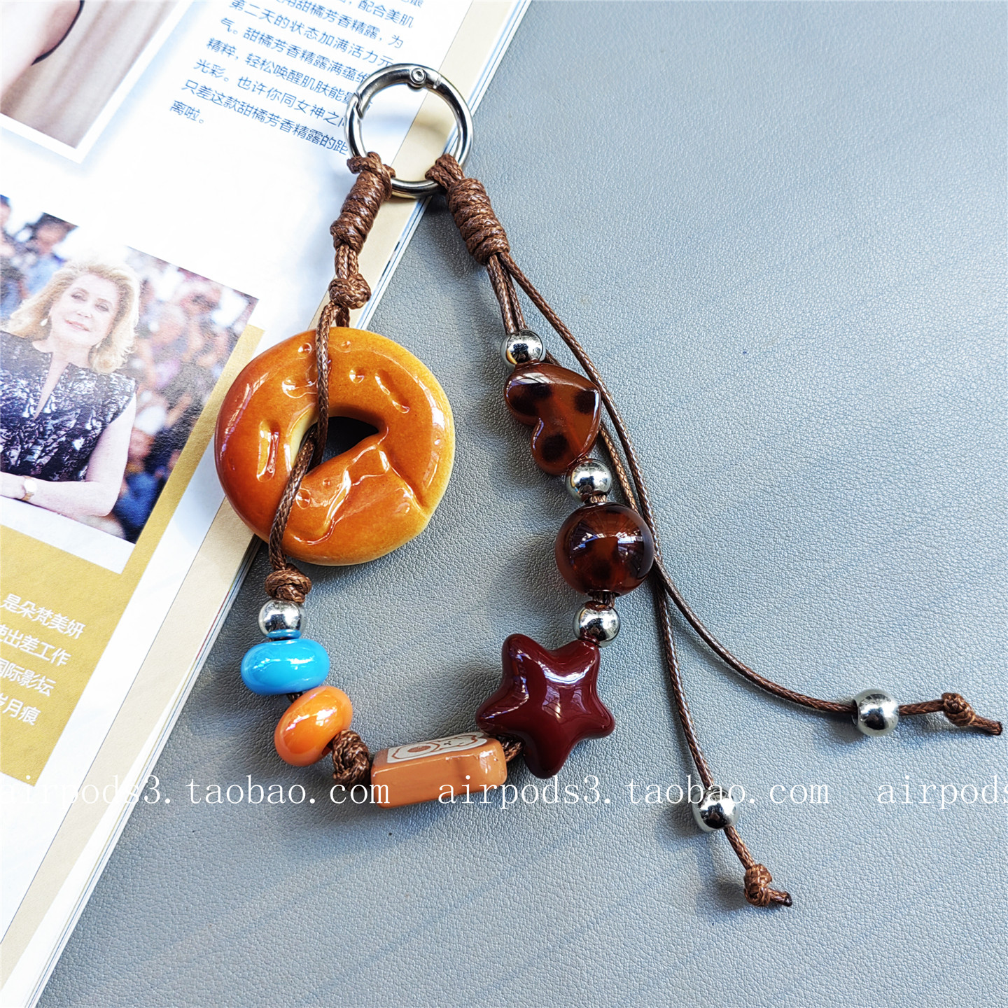 ins风面包串珠手机链创意个性包包挂饰短链条便携钥匙扣相机挂件