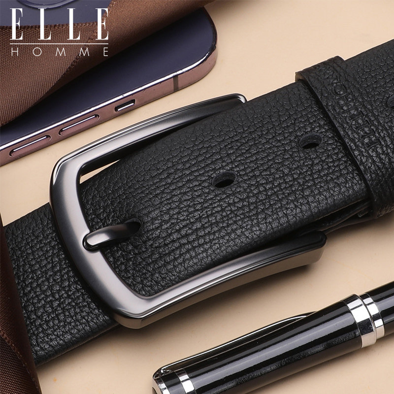 ELLE HOMME新款皮带真皮男时尚百搭针扣头层牛皮腰带轻奢品牌裤带