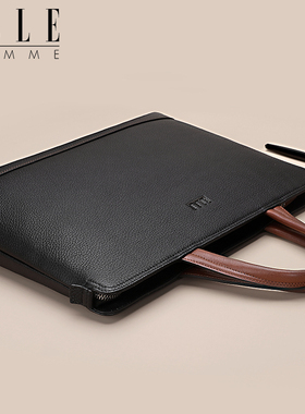 ELLE HOMM手提包横款商务公文包真皮男款高级感细腻头层牛皮挎包